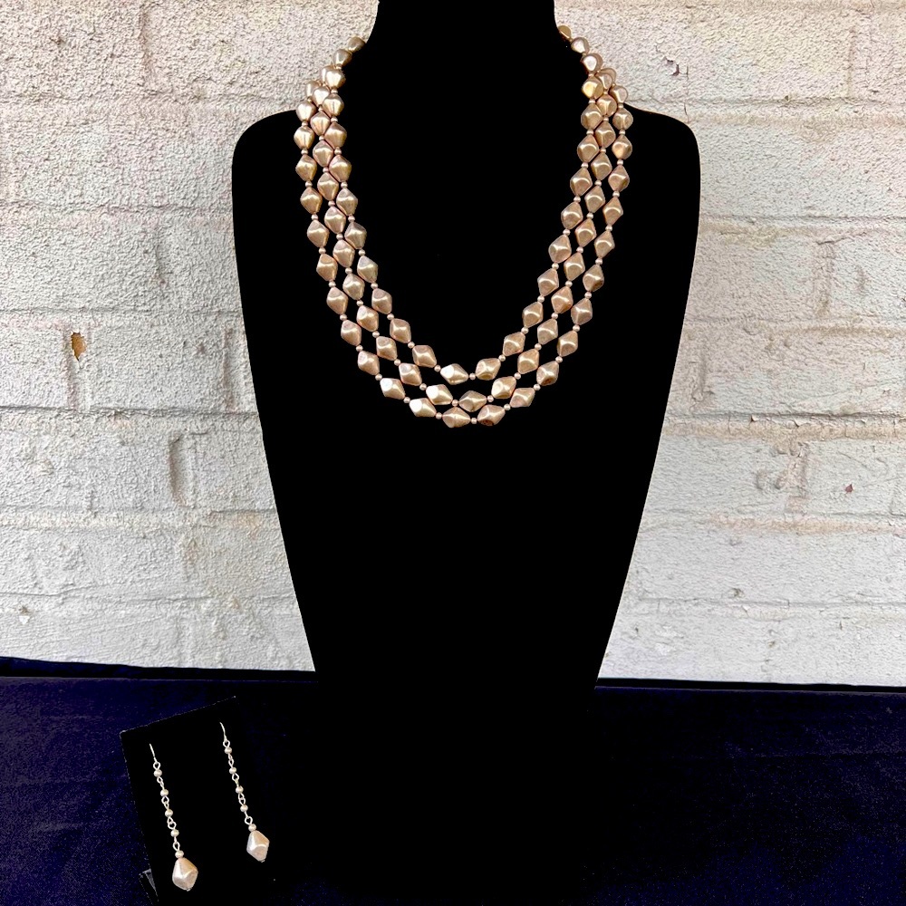Long Silver Beaded Necklace & Earring Set